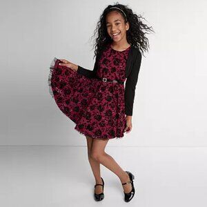 Knitworks Size 16 Red, Black, and Silver Velvet Rose Printed Skater Dress